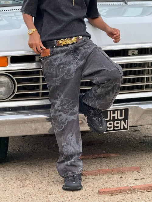 American Retro Street Baggy Black Angel Print Jeans Men and Womens Straight Leg Jeans Y2K Hip Hop High Street Straight Leg Jeans