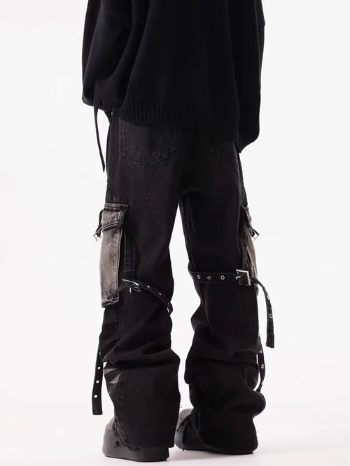 2025 Cyber Y2K Streetwear Ripple Strap Baggy Cargo Jeans Pants For Men Designer Clothes Wide Leg Black Multi Pockets Trousers
